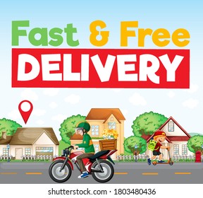 Fast and free delivery logo with bike man or courier illustration