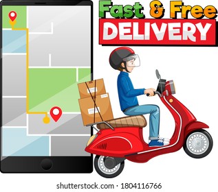 Fast and free delivery logo with bike man or courier illustration