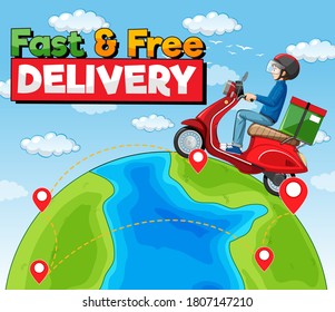 Fast and free delivery logo with bike man or courier riding on the earth illustration