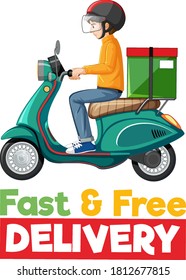 Fast and free delivery logo with bike man or courier illustration