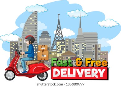 Fast and free delivery logo with bike man or courier riding in the city illustration