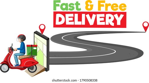 Fast and free delivery logo with bikeman or courier illustration