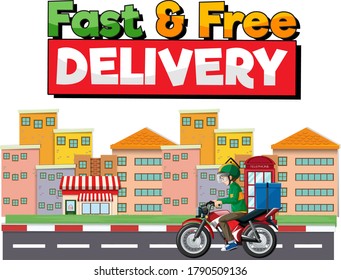Fast and free delivery logo with bikeman or courier ri in the city illustration