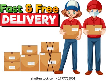 Fast and free delivery logo with courier illustration