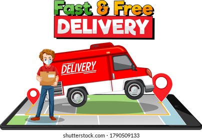 Fast and free delivery logo with delivery van or truck illustration