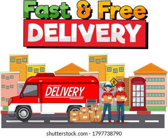 Fast and free delivery logo with delivery van or truck illustration