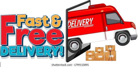 Fast and free delivery logo with delivery van or truck illustration