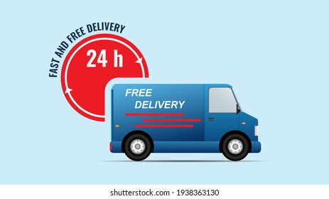 fast and Free delivery service illustration vector, free and fast food delivery with van for website, banner, flyer business in modern flat style design 