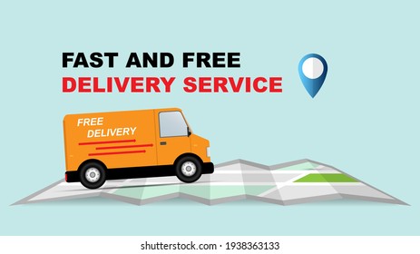 fast and Free delivery service illustration vector, free and fast food delivery with van for website, banner, flyer business in modern flat style design 