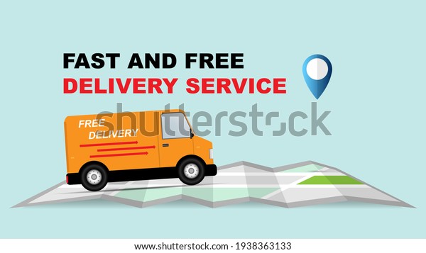 fast and Free delivery service\
illustration vector, free and fast food delivery with van for\
website, banner, flyer business in modern flat style design\
