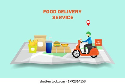 Fast and free delivery service with scooter  or food delivery service in flat style design. Vector illustration eps 10. 