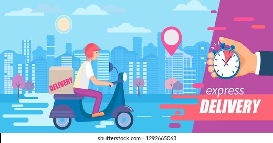 Fast and free delivery in short time on scooters.Food and other shipping service for apps, websites.Quick and express bike deliver. Advertise for restaurants, caffees, shops, pizzerias.Vector