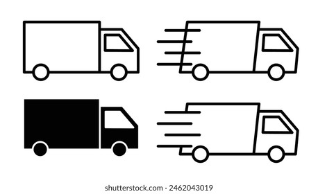 Fast free delivery truck vector icon set. moving cargo shipping service truck sign. courier parcel distribution transport. express shipment delivery logistic truck symbol.