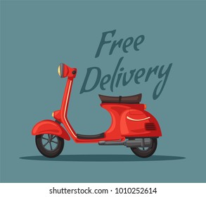 Fast and free delivery. Vector cartoon illustration. Food service. Retro scooter.