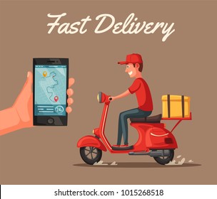 Fast And Free Delivery. Vector Cartoon Illustration. Food Service. Retro Scooter.