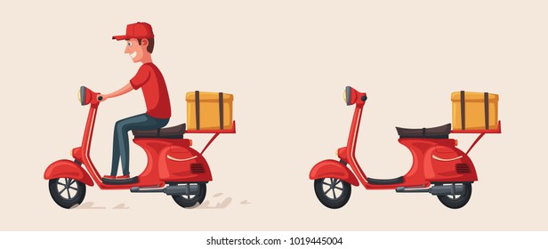 Fast And Free Delivery. Vector Cartoon Illustration. Food Service. Retro Scooter.