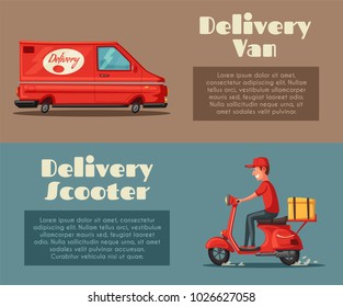 Fast and free delivery. Vector cartoon illustration. Food service. Scooter and van.