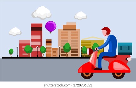 Fast and free delivery. Vector cartoon illustration. Food service. Retro scooter.