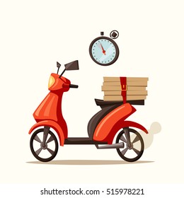 Fast and free delivery. Vector cartoon illustration. Vintage style. Food service. Red scooter. Retro bike. 