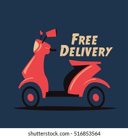 Fast and free delivery. Vector cartoon illustration. Vintage style. Food service. Retro bike. Icon, logo, design elements
