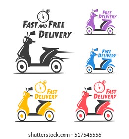 Fast and free delivery. Vector cartoon illustration. Vintage style. Food service. Retro bike. Icon, logo, design elements