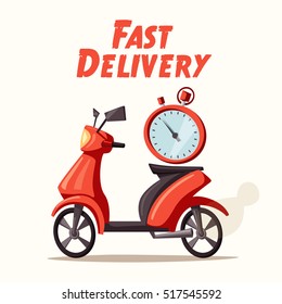 Fast and free delivery. Vector cartoon illustration. Vintage style. Food service. Red scooter. Retro bike. 