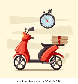 Fast and free delivery. Vector cartoon illustration. Vintage style. Food service. Red scooter. Retro bike. 