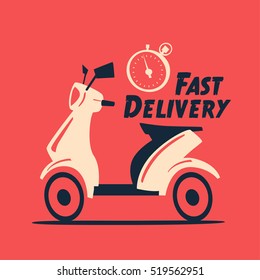 Fast and free delivery. Vector cartoon illustration. Vintage style. Food service. Retro bike. Icon, logo, design elements