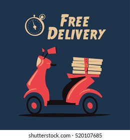 Fast and free delivery. Vector cartoon illustration. Vintage style. Food service. Retro bike. Icon, logo, design elements