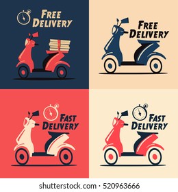 Fast and free delivery. Vector cartoon illustration. Vintage style. Food service. Retro bike. Icon, logo, design elements