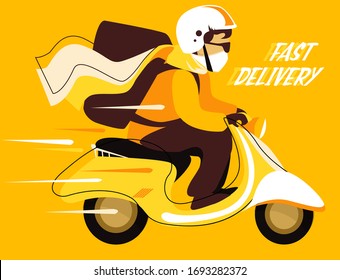 Fast and free food delivery by scooter. Delivery Man Ride Scooter Motorcycle Cartoon Vector illustration