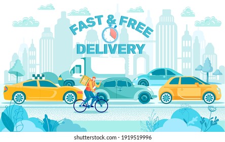 Fast and Free Food Delivery. Man Riding Bicycle with Backpack while Car Waiting in Traffic Jam. Timer Showing Twenty Minute Shipment. Guy on Vehicle Passing Stopping in Big City Vector Illustration.