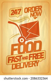 Fast and free food delivery vector web banner or poster with fast box on wheels