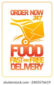 Fast and free food delivery vector banner with fast box symbol, twenty-four hours a day delivery placard