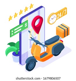 fast and free online food order and package delivery service. fast food shipping. isometric scooter. delivery with moped. rating and tracking online order on phone. isometric vector illustration
