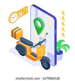 fast and free online food order and package delivery service. fast food shipping. isometric scooter. delivery with moped. rating and tracking online order on phone. isometric vector illustration