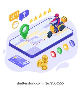 fast and free online food order and package delivery service. fast food shipping. isometric courier on scooter. delivery man on moped. tracking online order on phone. isometric vector illustration