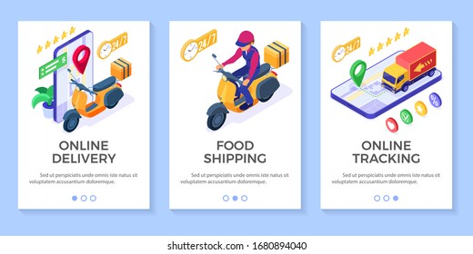 fast and free online food order and package delivery service fast food shipping isometric scooter delivery with moped and truck rating and tracking online order on phone isometric vector illustration