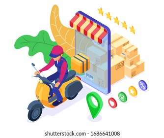 fast and free online order and package delivery service. fast shipping goods in box. isometric courier with scooter delivery man on moped. rating online order on phone. isometric vector illustration