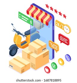 fast and free online order and package delivery service. fast shipping goods. isometric scooter. delivery with moped. rating online order on phone. isometric vector illustration