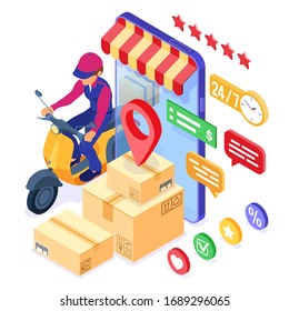 fast and free online order and package delivery service. fast shipping goods in box. isometric courier with scooter delivery man on moped. rating online order on phone. isometric vector illustration