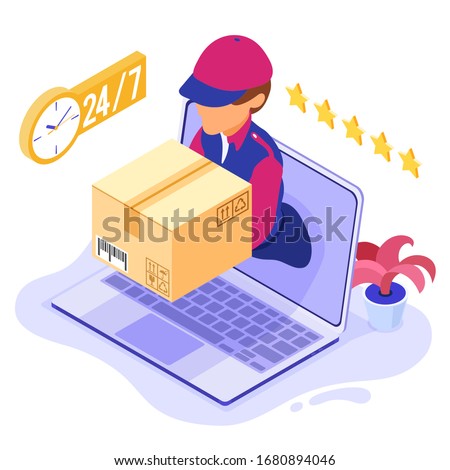 fast and free online order package delivery service. fast shipping. isometric courier with parcel. delivery man from laptop. online order with computer isometric vector illustration