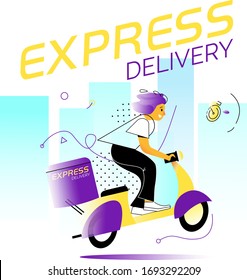 Fast and free scooter delivery. Cartoon vector illustration. Food service. Express delivery concept. Scooter motorcycle with stop watch for service, order, fast, free Fast delivery by scooter. EPS10
