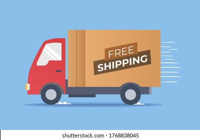 Fast and free shipping delivery truck. Delivery truck transporting a cardboard package. Vector stock