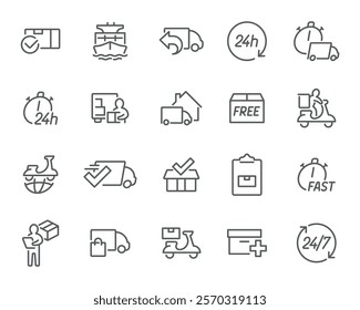 Fast and Free Shipping Icons. Editable vector icons- global parcel tracking, free delivery boxes, and time-sensitive logistics solutions. Ready for business use.