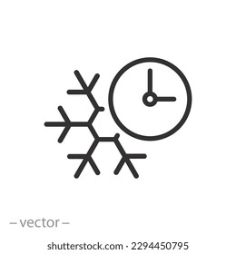 icono de congelación rápida, tiempo de enfriamiento, copo de nieve con reloj, símbolo de línea delgada sobre fondo blanco - ilustración de trazo editable eps10