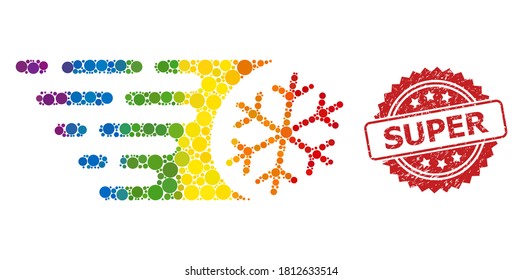 Fast freezing mosaic icon of spheric dots in various sizes and spectrum colored color hues, and Super dirty rosette stamp seal. A dotted LGBT-colored Fast freezing for lesbians, gays, transgenders,