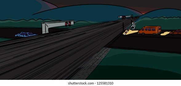 Fast freight train passes railroad crossing through highway