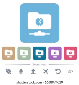 Schnelle FTP-weiße Flachsymbole auf buntem, quadratischem Hintergrund. 6 Bonussymbole enthalten