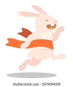 Fast funny rabbit, bunny runs and crosses  finish line. Symbol of Easter and 2023 in Chinese calendar. Childrens vector illustration
